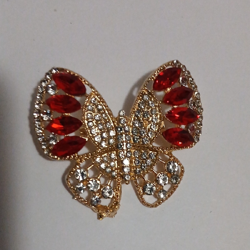 Elegant Gold and Red Butterfly Brooch